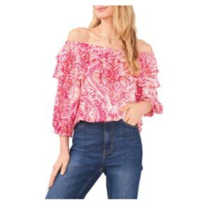 VINCE CAMUTO Paisley Off The Shoulder Double Ruffle Top In White Size Large